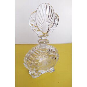 Vintage Crystal Perfume Bottle, Art Deco, Etched Glass Fan shaped stopper 7 1/4"